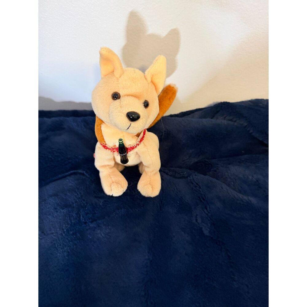 Vintage Coca-Cola Tan Dog Plush Holding Coke Bottle Advertising Collectible
